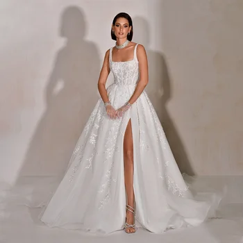 Гламурное свадебное платье с аппликацией и высоким разрезом, свадебное платье с блестками и шлейфом в виде часовни для невесты 2023 г. 20
