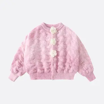 Детская осенняя одежда 2023 года, кардиган с розовыми цветами, джемпер для девочек, Осенняя одежда для девочек, Свободная детская одежда, зимний свитер 17