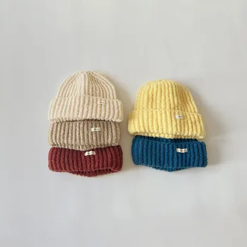 Детская шапка от 4 до 10 лет, осень-Зима, Корейские детские простые однотонные вязаные шапки, пуловеры для мальчиков и девочек, детские теплые шапки 7