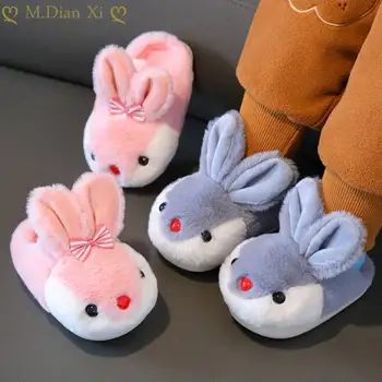 Детские зимние тапочки Для мальчиков и девочек, милые тапочки с мультяшным кроликом, детская домашняя меховая теплая обувь, детская домашняя обувь для пола 5
