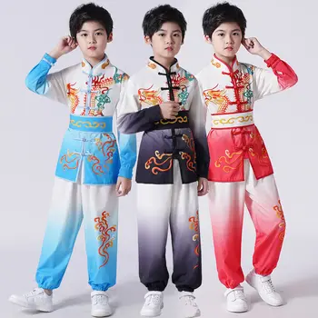 Детский костюм для выступлений по боевым искусствам, форма для занятий китайским кунг-фу, тренировочный костюм для занятий ушу с длинным рукавом и принтом LE456 1