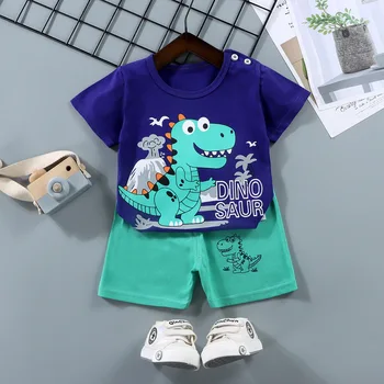 Детский костюм-футболка с динозавром из мультфильма, лето 2023, Новая одежда для мальчиков, спортивный костюм, Модный популярный детский комплект с короткими рукавами от 0 до 4 лет 19