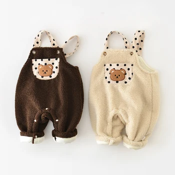 Детский осенне-зимний флисовый комбинезон с милым мишкой в горошек, утепленные теплые детские комбинезоны для мальчиков и девочек, повседневная цельнокроеная одежда 5