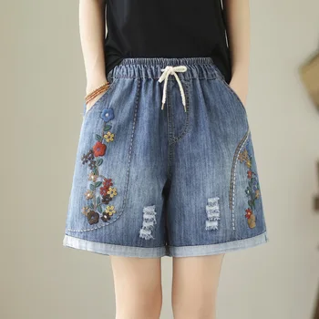 Джинсовые шорты с вышивкой в японском стиле для женщин, летние джинсовые шорты в этническом стиле с эластичным поясом, синие цветы, джинсовые шорты с вышивкой y2k 17