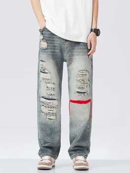 Джинсы-бойфренды Мужские с высокой талией, винтажные прямые мешковатые брюки, дизайн уличной одежды в стиле хиппи, Модные широкие джинсовые рваные брюки 18