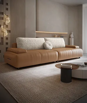 Диван из натуральной кожи в гостиной, современный и роскошный итальянский минималистский дизайн, удобный для трех человек 13