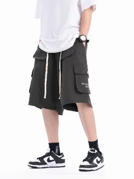 Дизайнерские карманы, мужские летние шорты-карго оверсайз с эластичной резинкой на талии, хлопковые шорты большого размера для женщин, уличная одежда 2023 года. 5