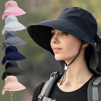 Дизайнерские легкие шляпы с козырьком с отверстием для конского хвоста, летние женские шляпы-ведра, солнцезащитная кепка с большими полями для защиты глаз на открытом воздухе 17