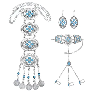 Европейская и американская мода Ретро Ожерелье с длинной кисточкой Серьги Браслет Богемные Этнические Бирюзовые украшения 15