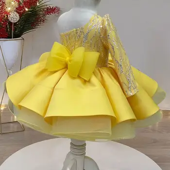Желтые тюлевые платья для девочек с цветочным узором, бальное платье принцессы, платья для девочек с одним плечом, Нарядные платья на заказ, Платье для одежды 11