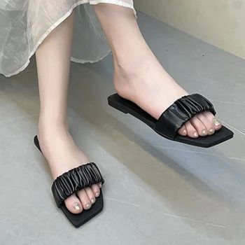 Женская обувь 2023, модные летние женские тапочки, однотонные плиссированные туфли с квадратным носком, на низком каблуке, с открытым носком, Простые женские туфли 18