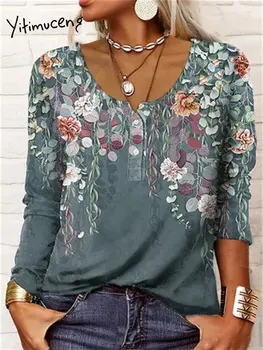 Женская одежда с геометрическим рисунком, футболка с геометрическим рисунком 2023, модная повседневная свободная винтажная одежда с длинным рукавом, шикарные топы на пуговицах с круглым вырезом