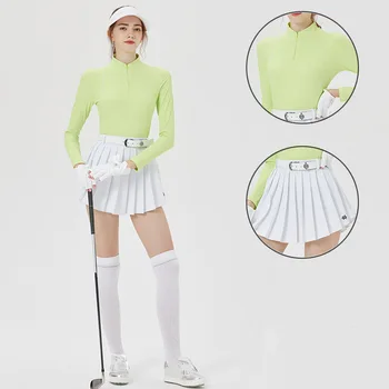 Женская рубашка для гольфа с воротником-молнией, защищающая от пота, Топы с длинными рукавами, женская тонкая плиссированная юбка, комплекты быстросохнущих шорт с высокой талией, Blktee, 20