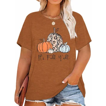 Женская рубашка с тыквой на Хэллоуин больших размеров, осенние футболки с принтом Yall с коротким рукавом в подарок на День благодарения (1X-5X) 3
