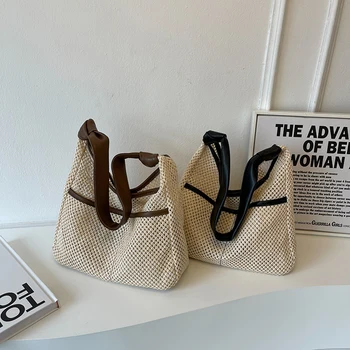 Женская сумка-тоут, тканые сумки через плечо из искусственной кожи ручной работы с маленькой сумкой в виде полумесяца, простая пляжная сумка-кошелек большой емкости