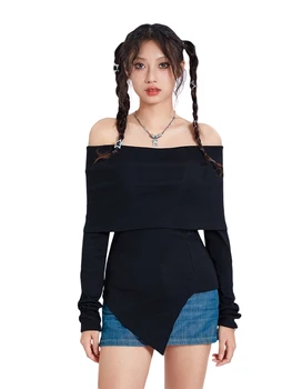 Женские весенне-осенние топы Y2K с открытыми плечами и рюшами, черная облегающая рубашка с длинным рукавом неправильной формы для подростков на каждый день 1