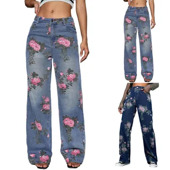 Женские джинсы на пуговицах со средней талией и цветочным принтом, модные повседневные брюки, женские брюки, Размер 14 13