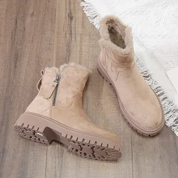 Женские зимние ботинки, плюшевые женские ботильоны на платформе с застежкой-молнией и толстой подошвой, теплая зимняя повседневная модная женская хлопчатобумажная обувь, новинка 2023 года 16