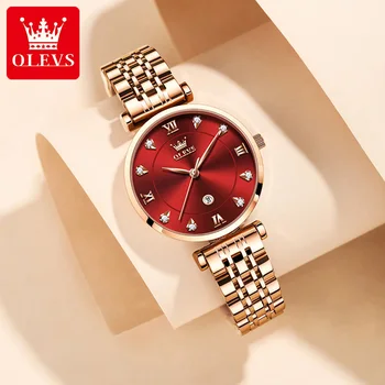 Женские кварцевые часы OLEVS Luxury Diamond, модный ремешок из розового золота и нержавеющей стали, элегантные и простые женские часы 8
