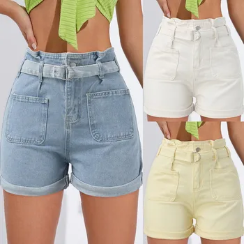 Женские летние джинсовые шорты с бутонами цветов С поясом, широкие джинсовые шорты с высокой талией и завязками на штанинах, с карманами 10