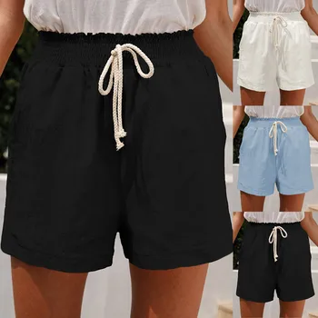 Женские модные повседневные летние шорты с принтом с высокой талией, пляжные брюки со шнуровкой, тренировочные брюки с карманами 3