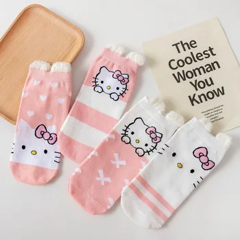 Женские носки из японского мультфильма, пряжа из перьев Hello Cat, хлопчатобумажные носки-лодочки с объемными ушками, милые носки с мелким ртом. 1
