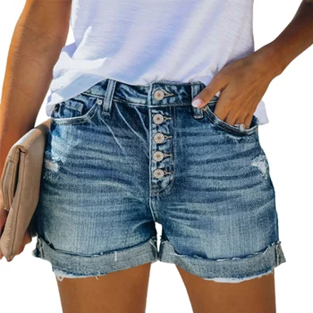 Женские однобортные джинсовые шорты со средней талией, летний тренд, уличная одежда, винтажный карман на брюках с рваными отверстиями, три четверти кармана