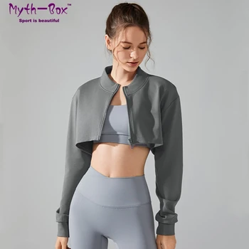 Женские спортивные куртки, свободное пальто для йоги, сексуальная укороченная куртка для бега, толстовки с длинными рукавами, топы для фитнеса в тренажерном зале на молнии, женская одежда 6