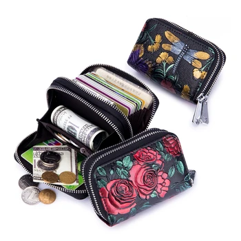 Женский модный маленький кошелек на молнии с портмоне из натуральной кожи с цветочным рисунком, женский милый Мини-винтажный кошелек для небольших карточек 13