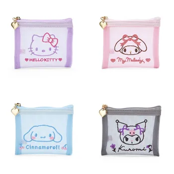 Женский мультяшный кошелек Sanrio Cute Hello Kitty Melody Kuromi С сетчатой вышивкой Косметичка для девочек Кошелек на молнии для хранения 17