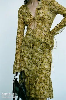 Женское мини-платье с расклешенными рукавами и принтом, винтажный халат на шнуровке 15