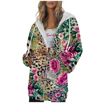 Женское пальто на молнии с капюшоном Цветочный Принт Контрастного цвета Пальто с длинным рукавом Модное Легкое Удобное повседневное пальто Chaquetas 17