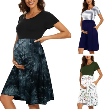 Женское платье для беременных с длинным рукавом и круглым вырезом и цветочным принтом, платье для кормления грудью, платья для беременных, одежда 4