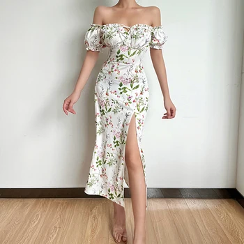 Женское платье-туника Миди с пышным рукавом, платье с цветочным принтом, с открытыми плечами, сексуальное платье в стиле бохо с коротким рукавом, приталенный наряд для отдыха