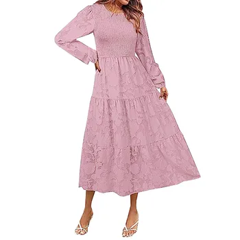 Женское плиссированное платье с пышными рукавами из многослойного шифона и жаккарда с открытой юбкой 4