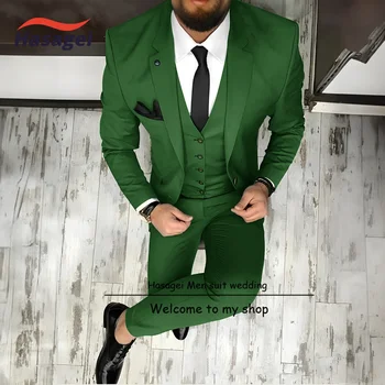 Зеленый мужской строгий костюм, пиджак, жилет, брюки, комплект из 3 предметов, Деловой приталенный костюм, Свадебный Мужской смокинг, блейзер, мужской 15