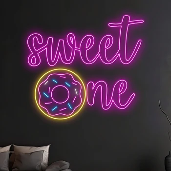 Изготовленный на заказ неоновый свет Sweet One Donut, Персонализированное название цитаты, светодиодные фонари, декор детской комнаты, Вывески для украшения стен пекарни, продуктового магазина