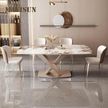 Итальянский стиль, столешница из светлой каменной доски 12 мм, обеденный стол, плавный изгиб, Кухонная мебель, Дизайнерский прямоугольный стол на 6 стульев 12