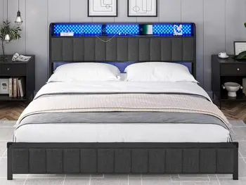 Каркас кровати King Size со светодиодной Подсветкой Изголовья, Обитая кровать-платформа 14