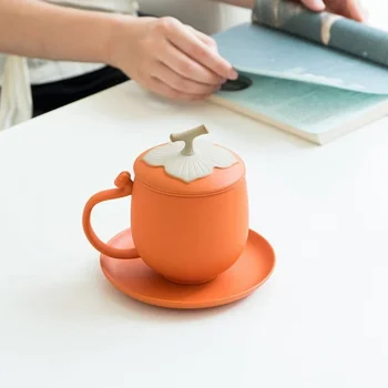 Керамическая кружка LUWU с хурмой, 400 мл, Оранжевая чайная чашка с блюдцем, Офисная чайная кружка с заваркой 17