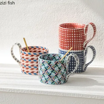 Керамическая кружка с креативным мультяшным цветочным геометрическим рисунком, Кофейная кружка, чашка для завтрака, Чашки для сока, Чашки для молока, Домашняя чашка для чая, чашка для воды 5