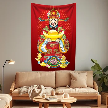 Китайский Бог Богатства, Дверной Бог, Гобелен, Религиозный Портрет Будды, Напечатанный Декор Комнаты, Настенное Одеяло, Фон Гостиной 12