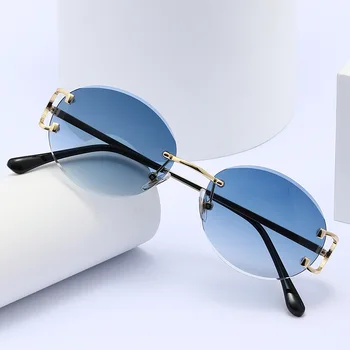 Классические новые женские прямоугольные солнцезащитные очки без оправы, винтажные металлические круглые солнцезащитные очки, модные мужские солнцезащитные очки без оправы UV400 9