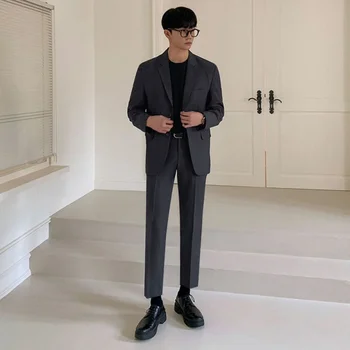 Комплект блейзеров SYUHGFA Elegance Повседневный костюм мужской Осенний Новый Корейский стиль свободного кроя строгий костюм пальто деловые прямые брюки