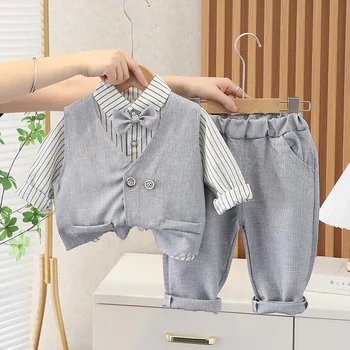Комплект одежды для маленьких мальчиков, джентльменская рубашка с длинными рукавами, жилет, брюки, 3 шт., комплекты одежды для новорожденных мальчиков, костюмы на день рождения 4