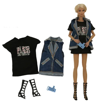 Комплект одежды / черная футболка + джинсовый жилет + камера + ботинки / 30-сантиметровая кукольная одежда Для 1/6 Xinyi FR ST Куклы Барби 14