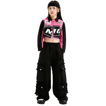 Комплекты с курткой и брюками для девочек, детская уличная одежда, модное повседневное короткое пальто в стиле хип-хоп, широкие брюки-карго, спортивные костюмы, сценический костюм