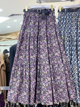 Корейская модная длинная юбка, женские макси-юбки трапециевидной формы с цветочным принтом и поясом, женские повседневные юбки с высокой талией, прямая поставка