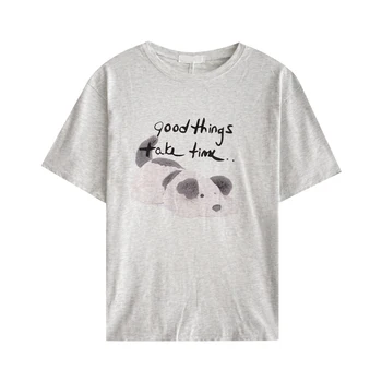 Корейская простая однотонная летняя свободная футболка с круглым вырезом и милым принтом собаки 6
