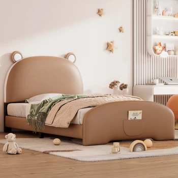 Коричневая двухразмерная мягкая кровать на платформе с изголовьем и изножьем в форме медведя, для мебели для спальни в помещении 5